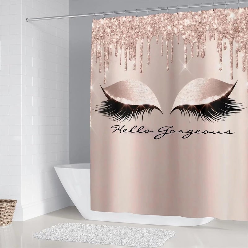 AZHM 4PCS Pretty Eyelash Shower Curtain Set Hello Gorgeous Bathroom Decor Set Pink Rose Gold Bathroom Curtains Shower Set with Shower Curtain and Rugs and Accessories - Image 2